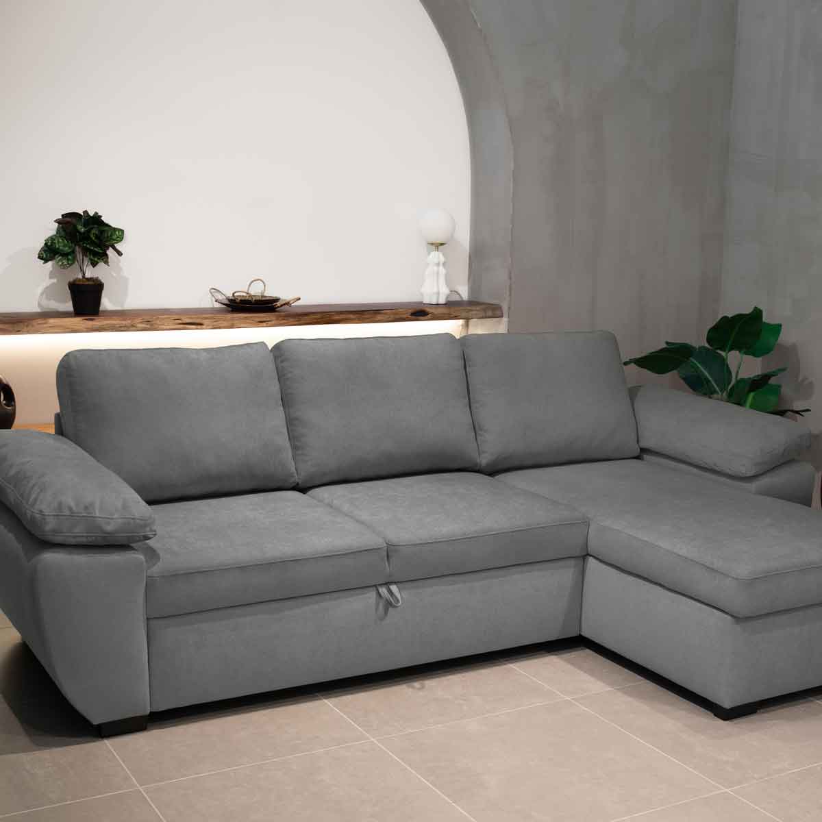 Sofá cama DRESDEN con arcón y chaise longue  gris