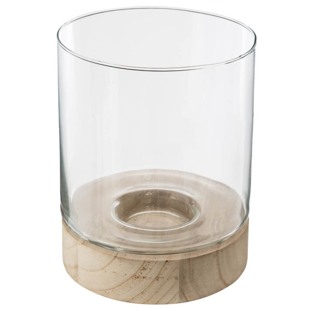 Portavelas Vidrio Base Madera 16x20Cm