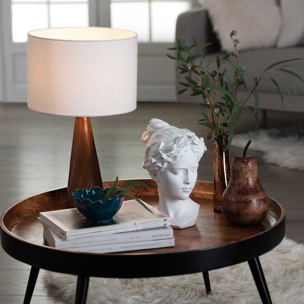L&aacute;mpara De Mesa Blanca C/Madera 46Cm