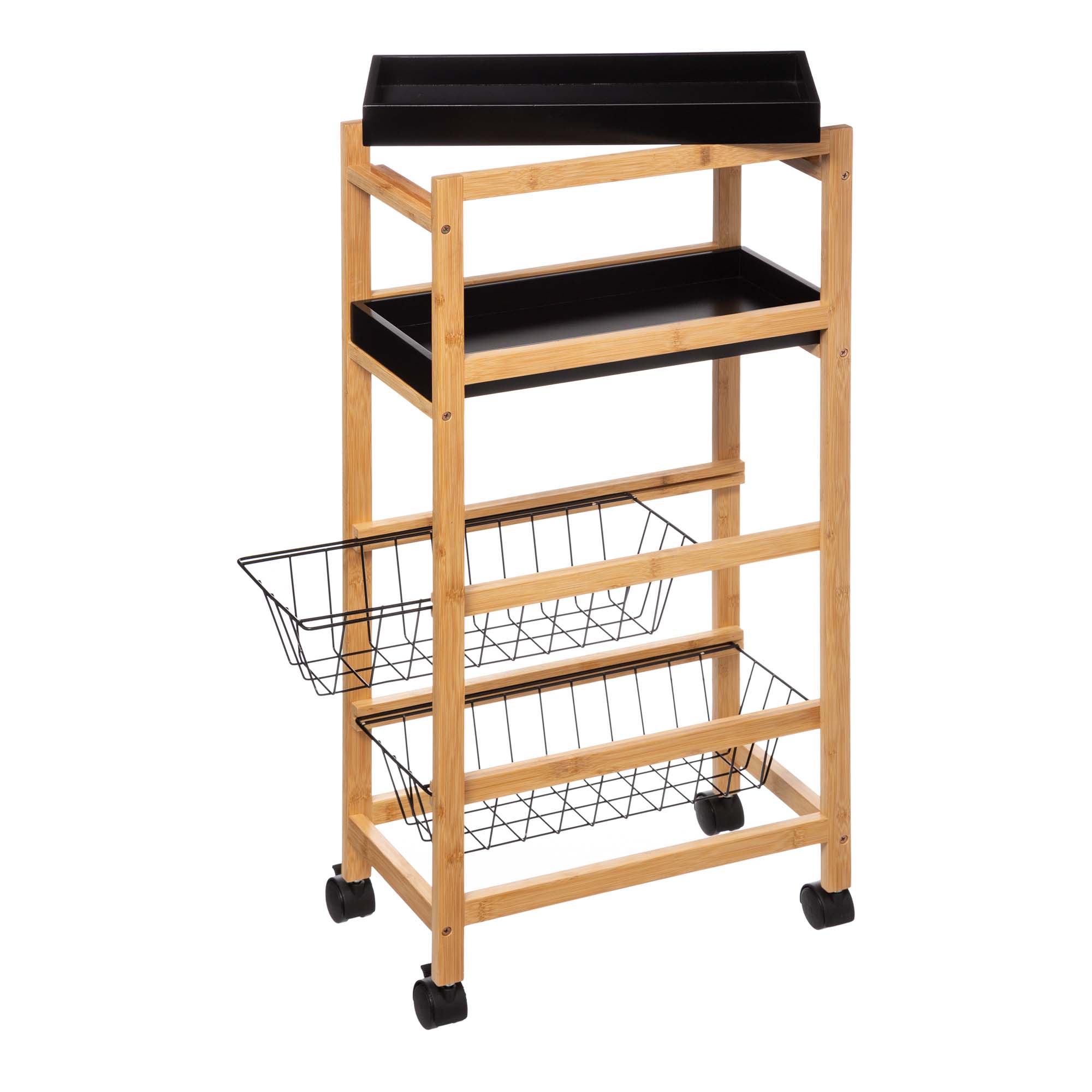 Carrito multiusos de bambú c/2 bandejas y 2 cestas