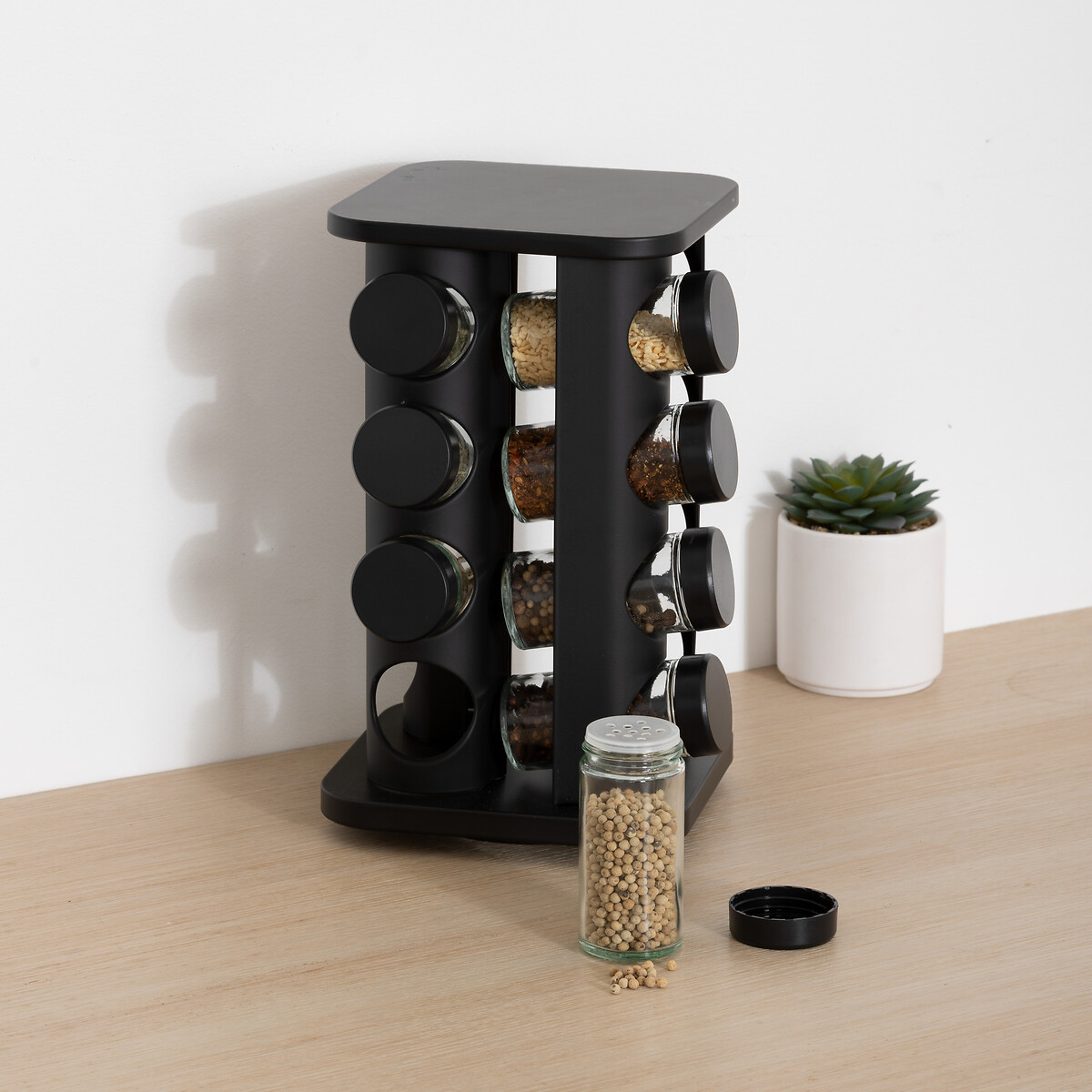 Set de 12 tarros negros con soporte giratorio